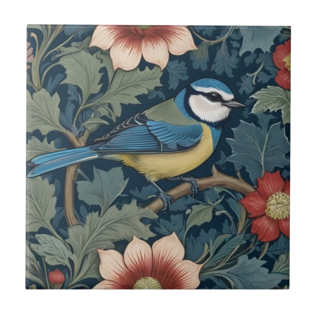 William Morris style Right facing Bird Blue Tit  Ceramic Tile (Front)