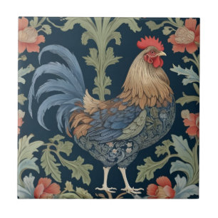 William Morris style Right facing Floral Chicken Ceramic Tile