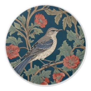 William Morris style Right facing Mockingbird Bird Ceramic Knob