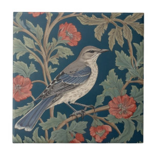 William Morris style Right facing Mockingbird Bird Ceramic Tile