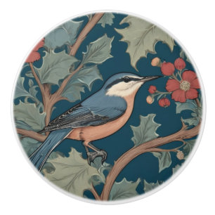 William Morris style Right Facing Nuthatch Bird Ceramic Knob