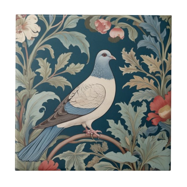 William Morris style Right facing Pigeon Bird Ceramic Tile (Front)