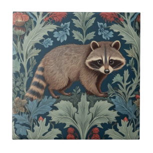 William Morris style Right Facing Raccoon Ceramic Tile