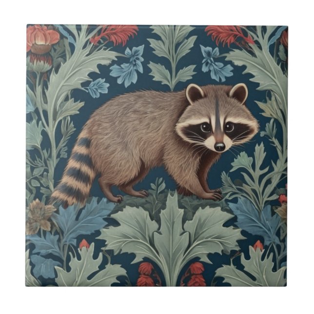 William Morris style Right Facing Raccoon Ceramic Tile (Front)
