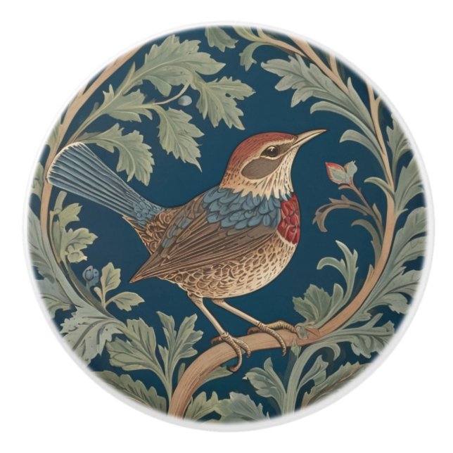 William Morris style Right facing Wren Bird Ceramic Knob (Front)