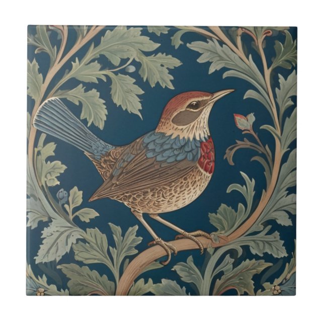 William Morris style Right facing Wren Bird Ceramic Tile (Front)