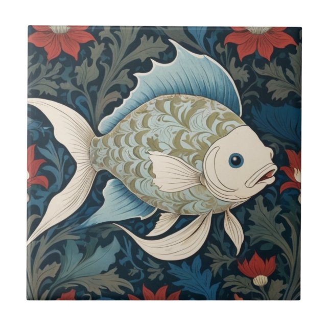 William Morris style Right Fish Nautical Sea Ocean Ceramic Tile (Front)