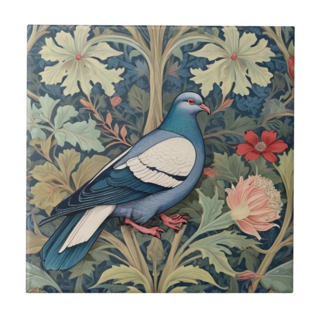 William Morris style Right Floral Pigeon Bird Ceramic Tile (Front)