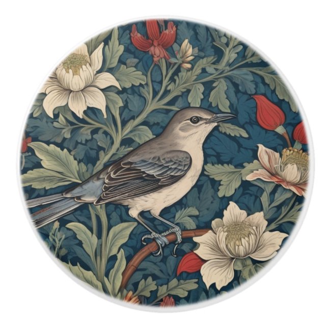William Morris style Right Mockingbird Bird floral Ceramic Knob (Front)