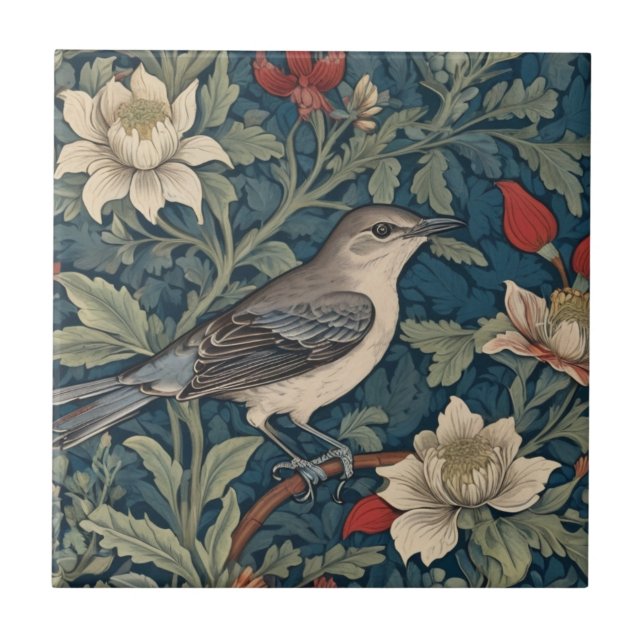 William Morris style Right Mockingbird Bird floral Ceramic Tile (Front)