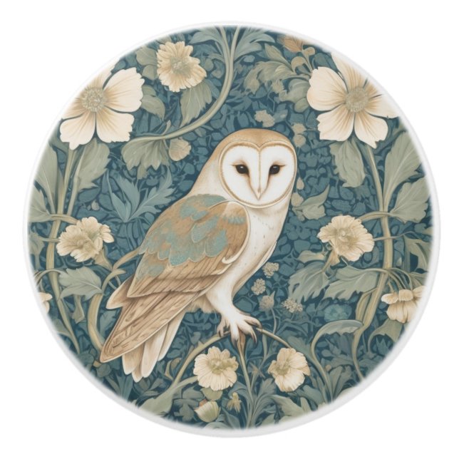 William Morris style Right Teal Cream Barn Owl Ceramic Knob (Front)
