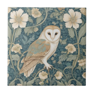 William Morris style Right Teal Cream Barn Owl Ceramic Tile