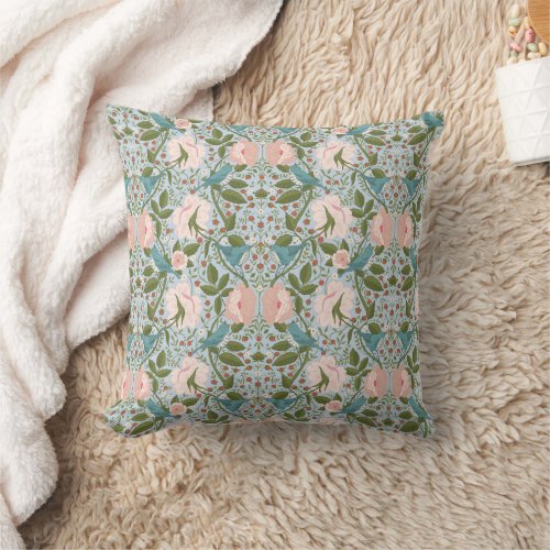 William Morris style soft pastel birds and flowers Throw Pillow