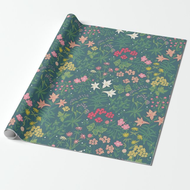 William Morris Style Spring Garden Floral Pattern  Wrapping Paper (Unrolled)