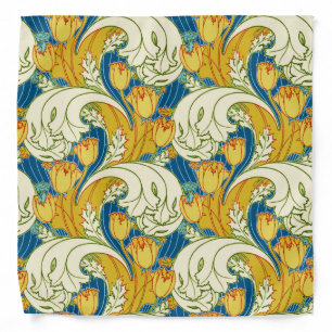 William Morris Style Teal & Gold Tulip Floral Art Bandana