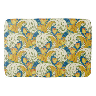 William Morris Style Teal & Gold Tulip Floral Art Bath Mat