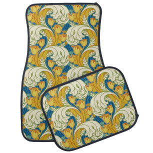 William Morris Style Teal & Gold Tulip Floral Art Car Floor Mat