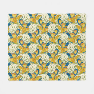 William Morris Style Teal & Gold Tulip Floral Art Fleece Blanket