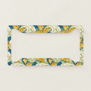 William Morris Style Teal & Gold Tulip Floral Art License Plate Frame