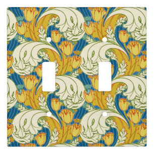 William Morris Style Teal & Gold Tulip Floral Art Light Switch Cover