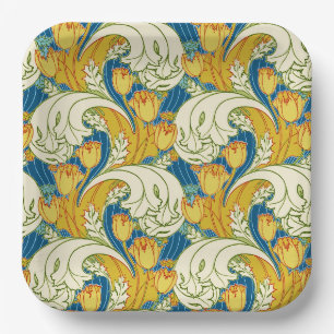 William Morris Style Teal & Gold Tulip Floral Art Paper Plates
