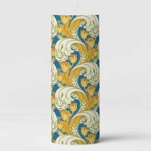 William Morris Style Teal & Gold Tulip Floral Art Pillar Candle