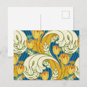 William Morris Style Teal & Gold Tulip Floral Art Postcard