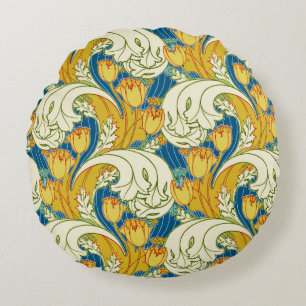 William Morris Style Teal & Gold Tulip Floral Art Round Pillow