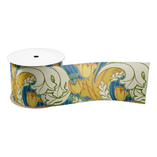 William Morris Style Teal & Gold Tulip Floral Art Satin Ribbon