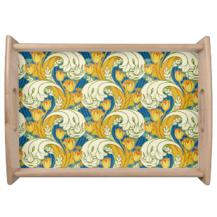 William Morris Style Teal & Gold Tulip Floral Art Serving Tray