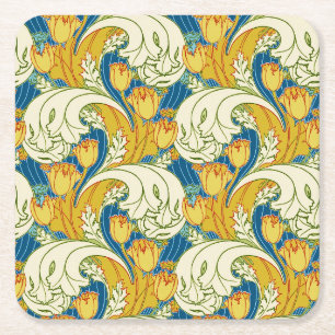 William Morris Style Teal & Gold Tulip Floral Art Square Paper Coaster