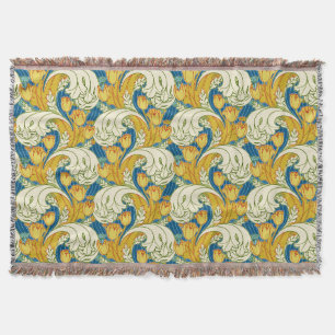 William Morris Style Teal & Gold Tulip Floral Art Throw Blanket