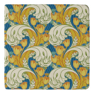 William Morris Style Teal & Gold Tulip Floral Art Trivet