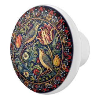 William Morris Style Tulips Birds Floral Victorian Ceramic Knob