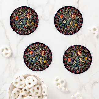 William Morris Style Tulips Birds Floral Victorian Coaster Set