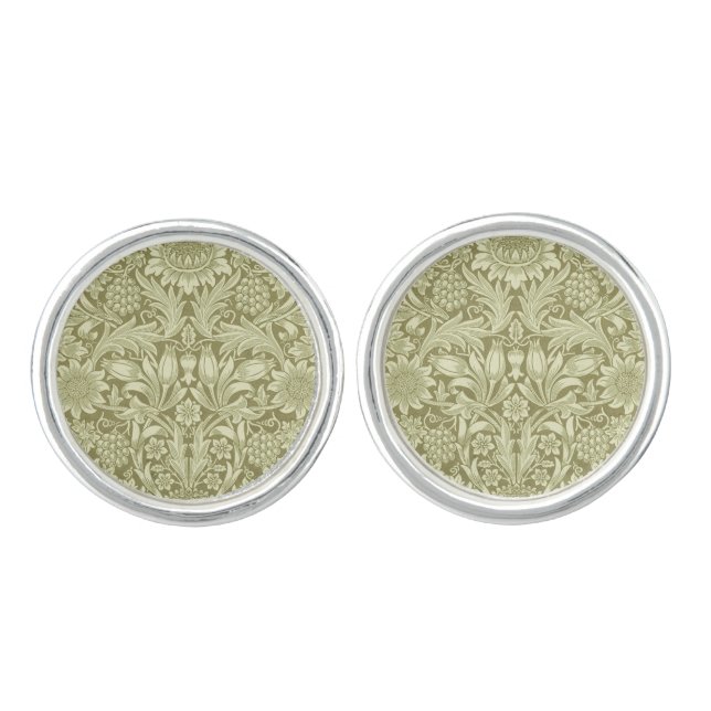William Morris Sunflower Green Flower  Cufflinks (Front)