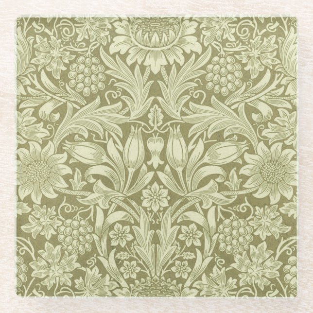 William Morris Sunflower Green Flower  Glass Coaster (Front)