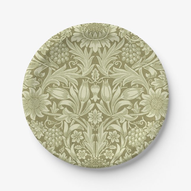 William Morris Sunflower Green Flower  Paper Plates (Front)