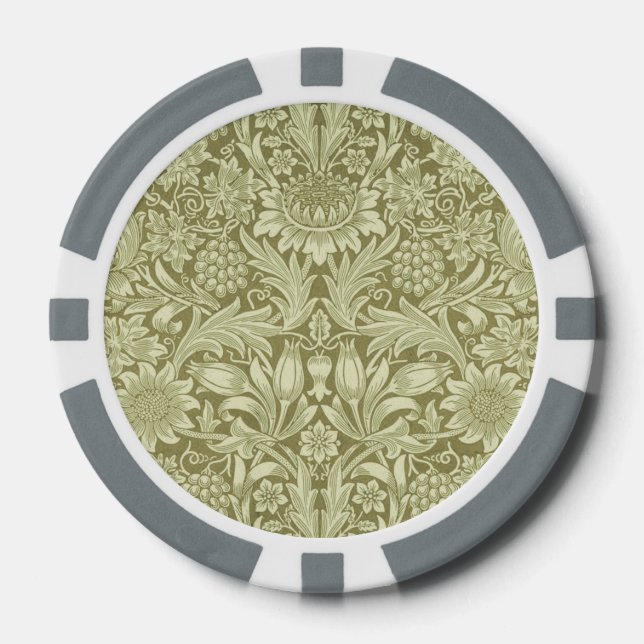 William Morris Sunflower Green Flower  Poker Chips (Front)
