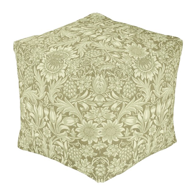 William Morris Sunflower Green Flower  Pouf (Angled Back)