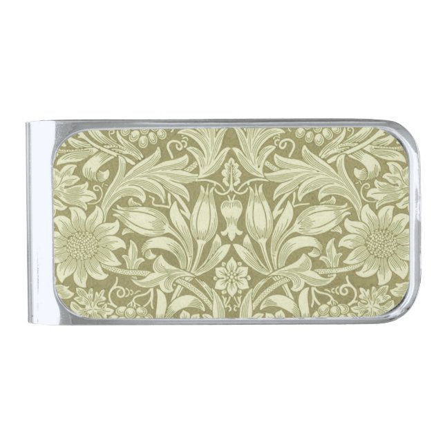 William Morris Sunflower Green Flower  Silver Finish Money Clip (Front)