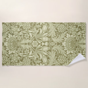 William Morris Sunflower Vintage Olive Damask Beach Towel