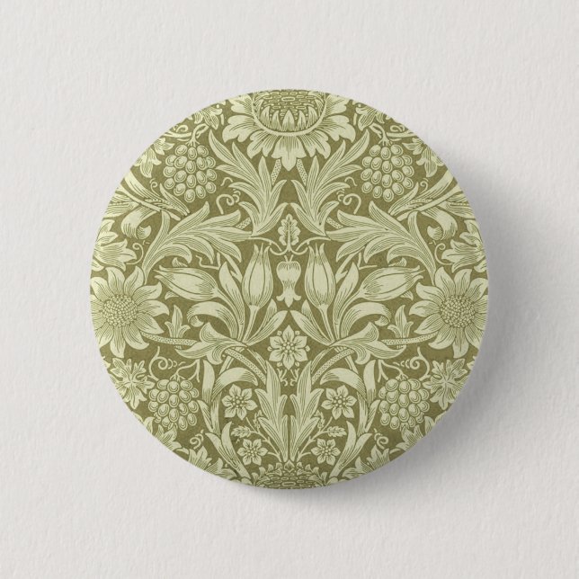 William Morris Sunflower Vintage Olive Damask Button (Front)