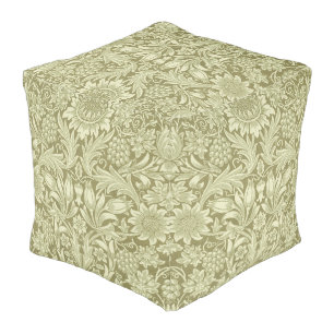 William Morris Sunflower Vintage Olive Damask Pouf