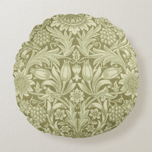 William Morris Sunflower Vintage Olive Damask Round Pillow