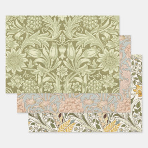William Morris Sunflower Vintage Olive Damask Wrapping Paper Sheets