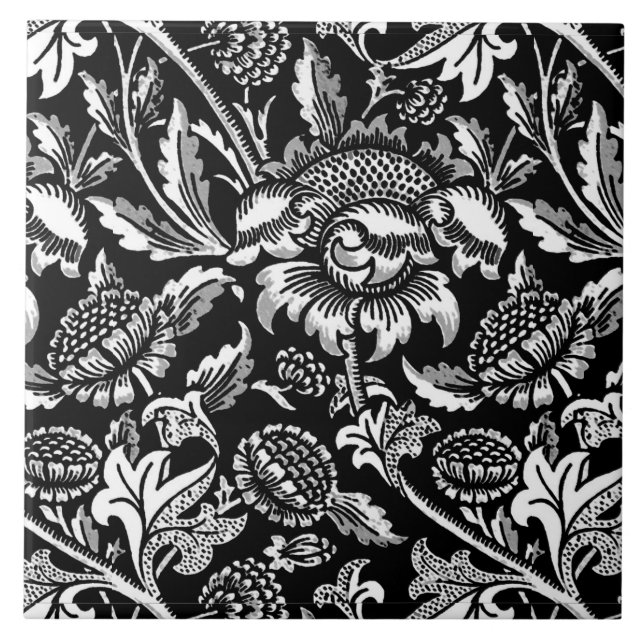 William Morris Sunflowers, Black and White Ceramic Tile (Front)