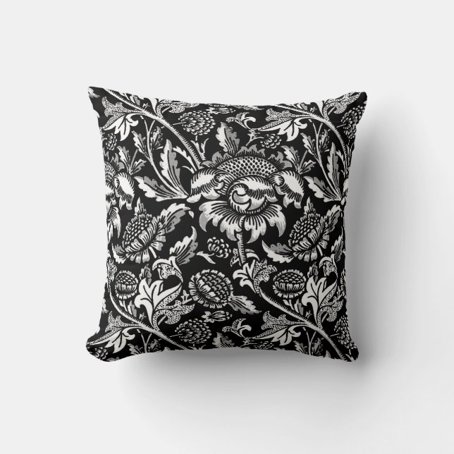 William Morris Sunflowers, Black and White Throw Pillow (Front)
