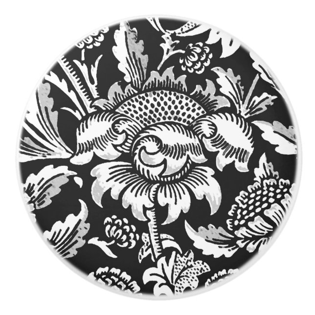 William Morris Sunflowers, Black, White and Gray Ceramic Knob (Front)