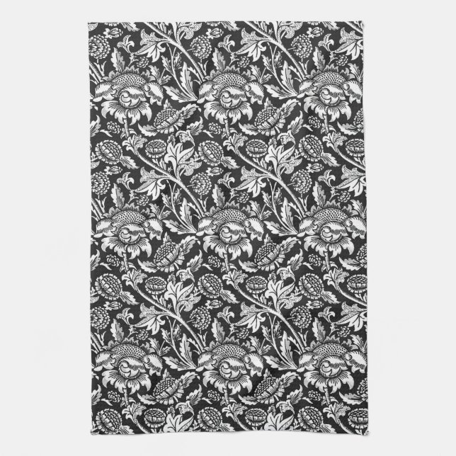 William Morris Sunflowers, Black, White and Gray Kitchen Towel (Vertical)